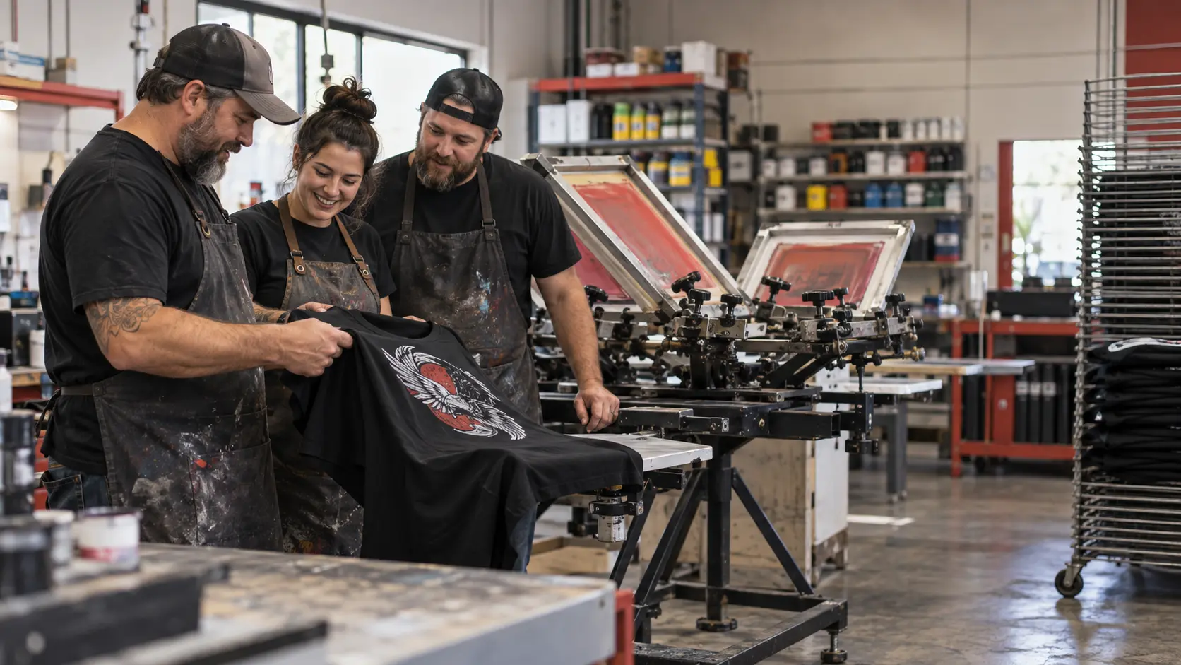 Screen-print team reviewing a printed shirt