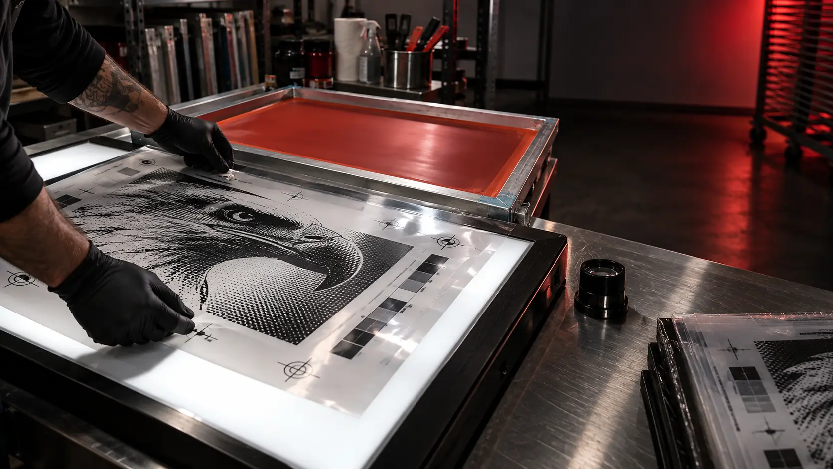 Screen-print film positive with halftones and registration marks aligned on a light table