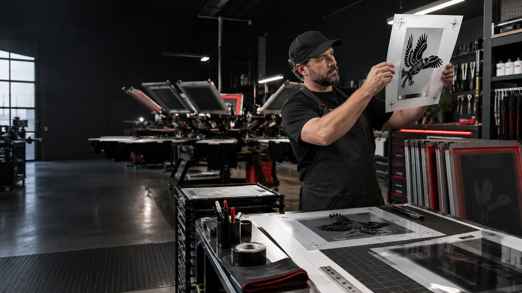 Operator inspecting screen-print film positives